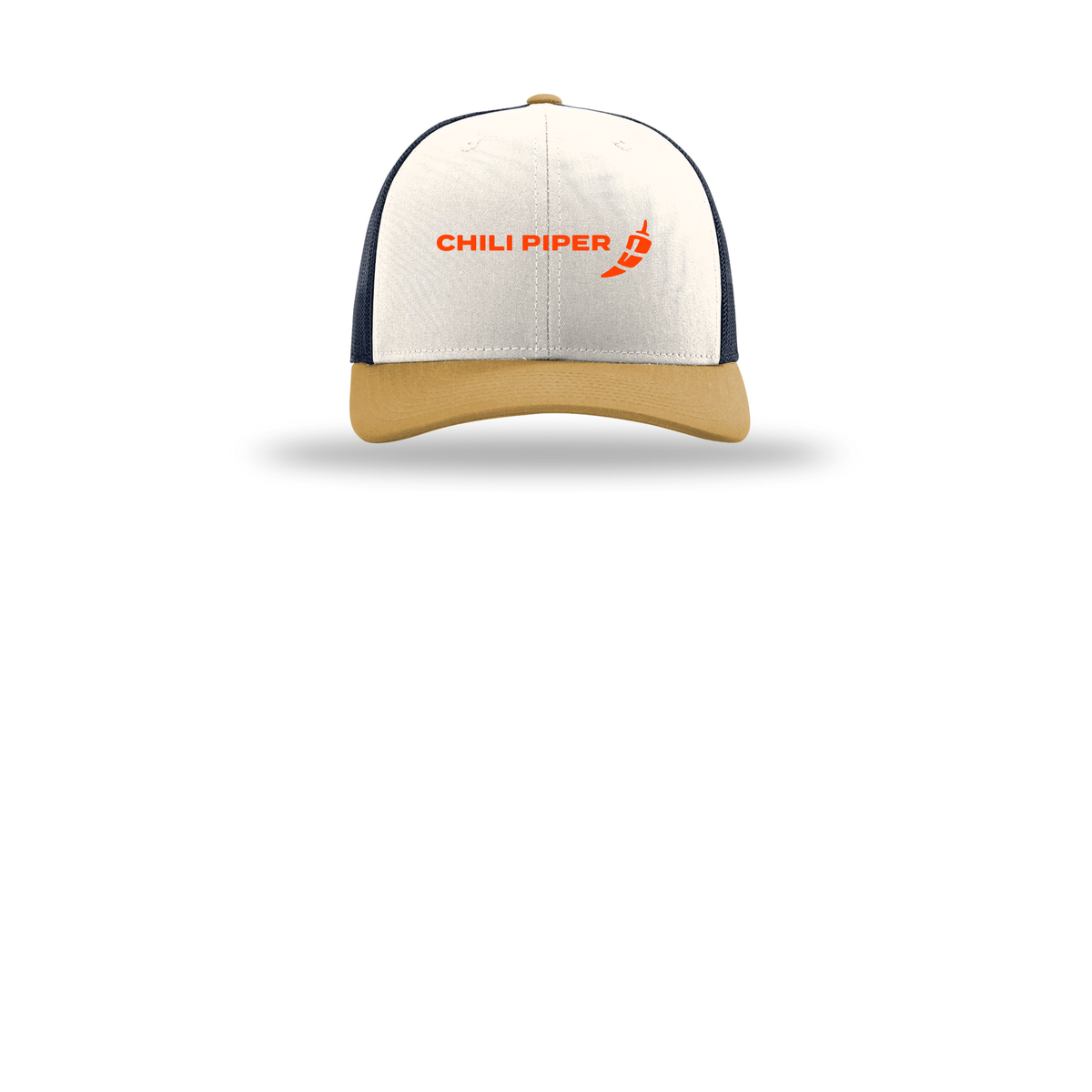 chilipiper-richardson-trucker-cap-embroidery-capfront-R112-creamnavyambergold-flat-front