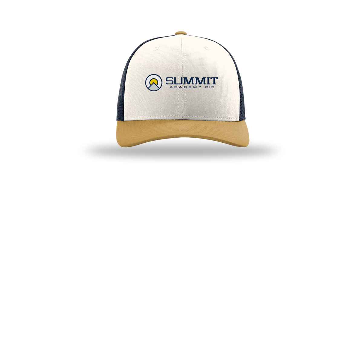 saoic-richardson-trucker-cap-embroidery-capfront-R112-creamnavyambergold-flat-front