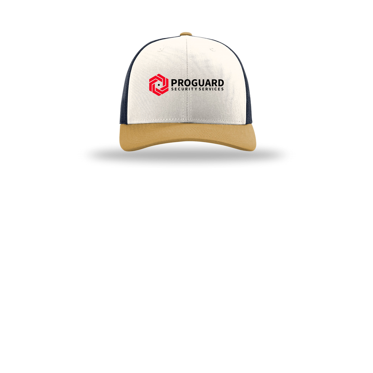 proguardsecurityservices-richardson-trucker-cap-embroidery-capfront-R112-creamnavyambergold-flat-front