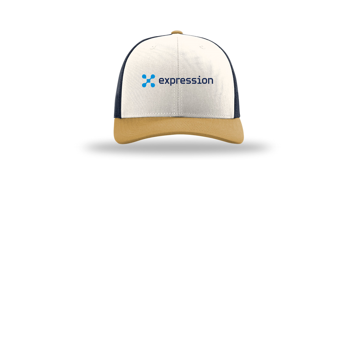 expr-richardson-trucker-cap-embroidery-capfront-R112-creamnavyambergold-flat-front