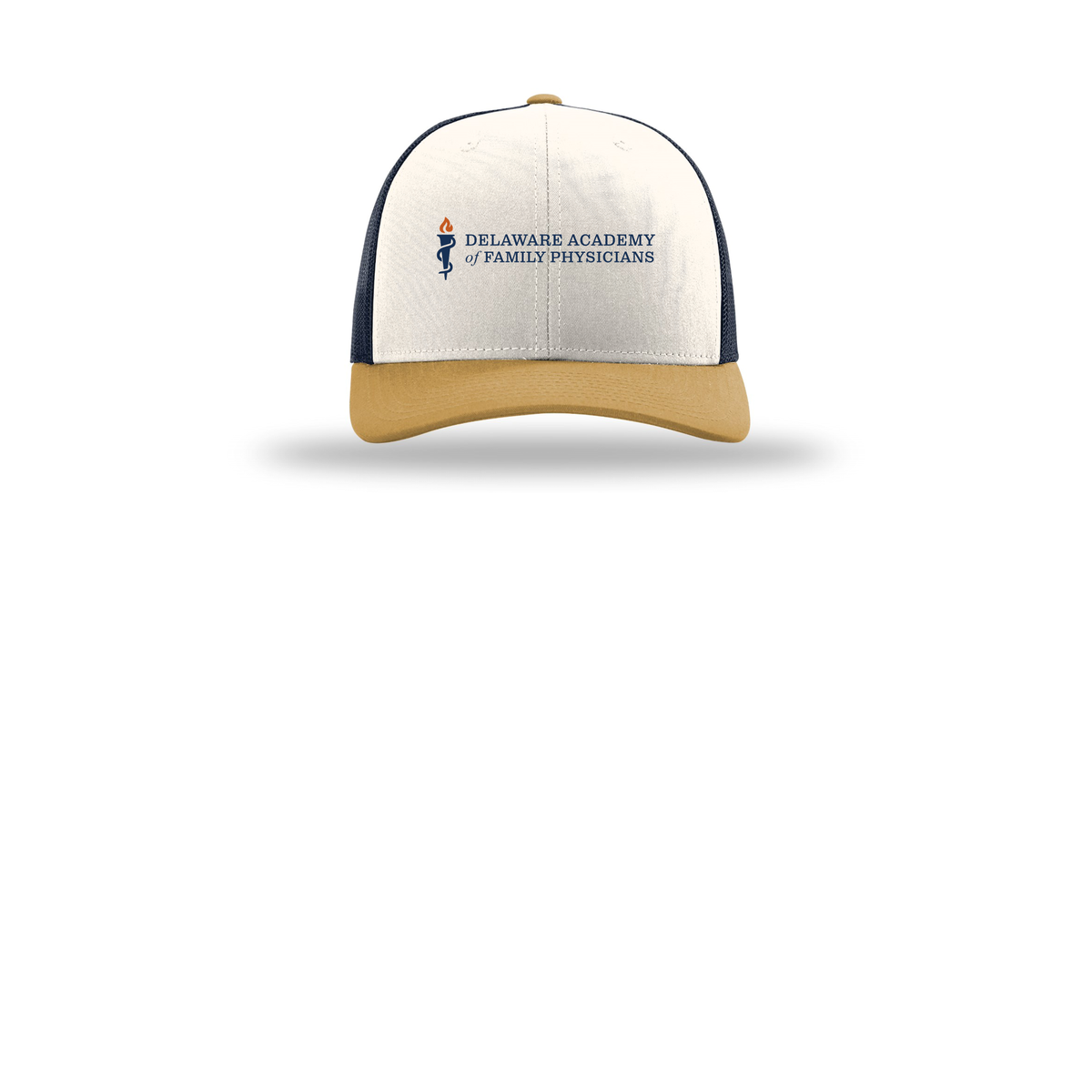 delfamdoc-richardson-trucker-cap-embroidery-capfront-R112-creamnavyambergold-flat-front