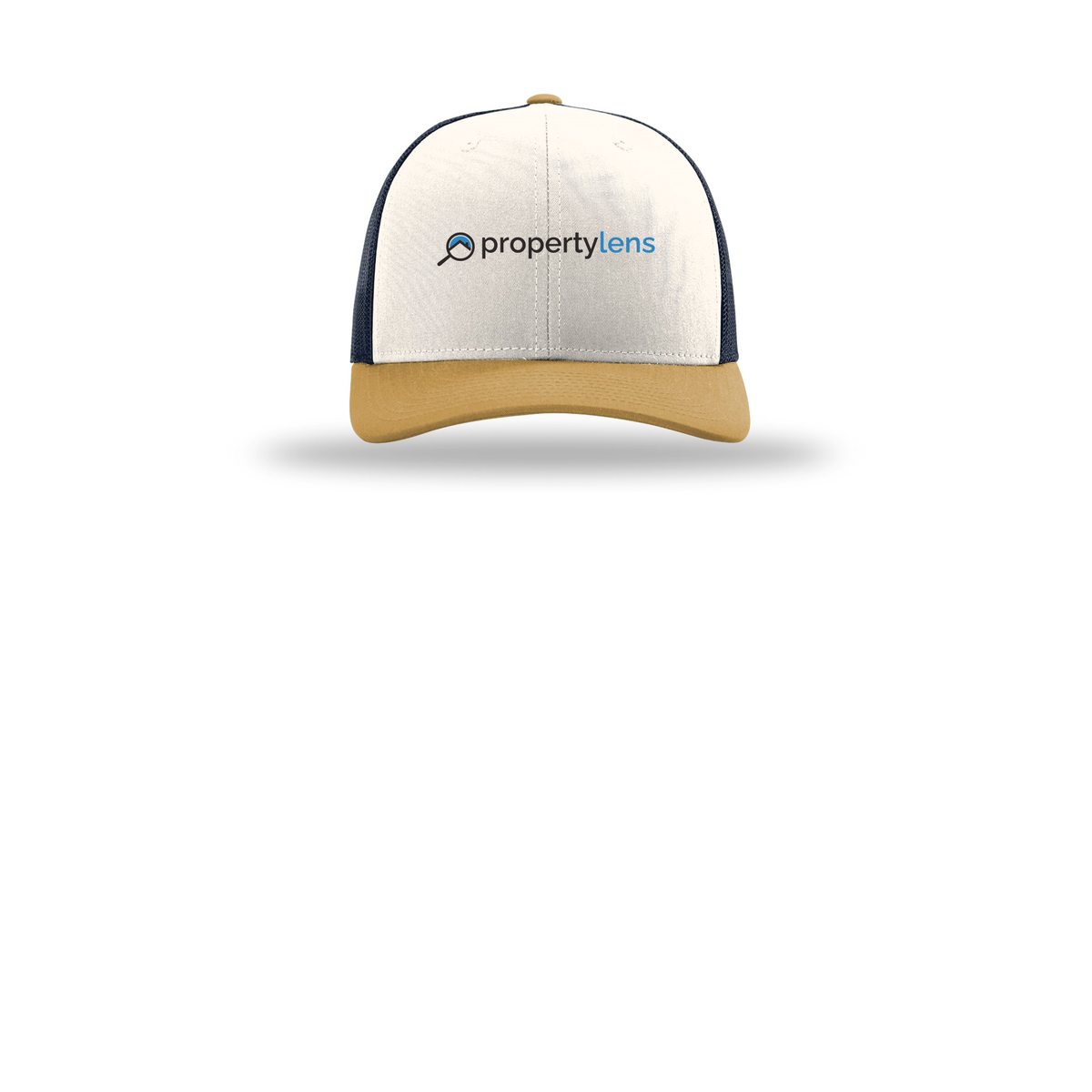 propertylens-richardson-trucker-cap-embroidery-capfront-R112-creamnavyambergold-flat-front
