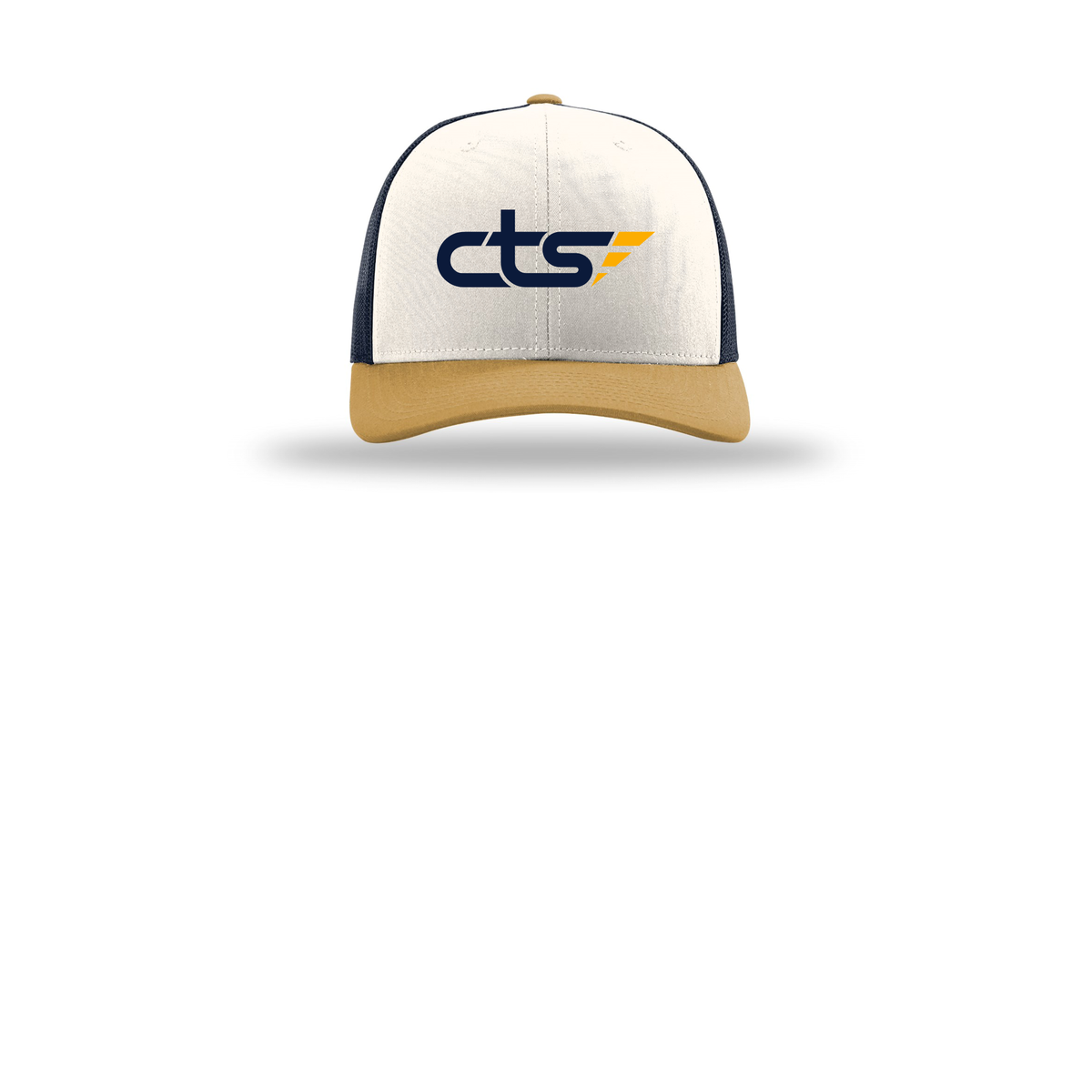 cts1-richardson-trucker-cap-embroidery-capfront-R112-creamnavyambergold-flat-front