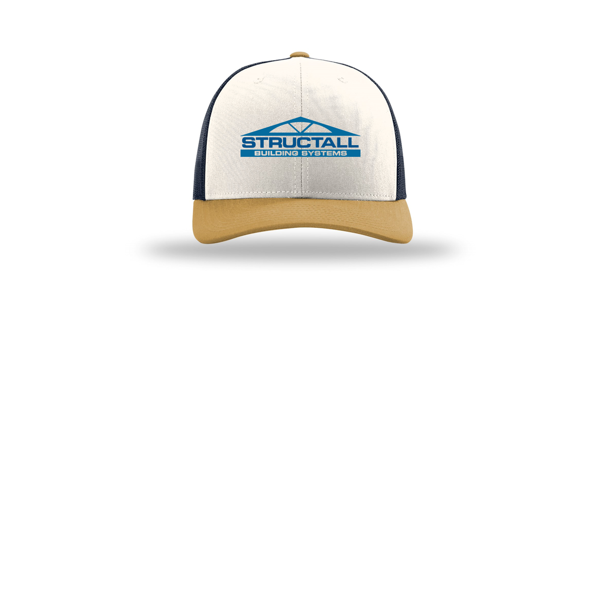 structall-richardson-trucker-cap-embroidery-capfront-R112-creamnavyambergold-flat-front