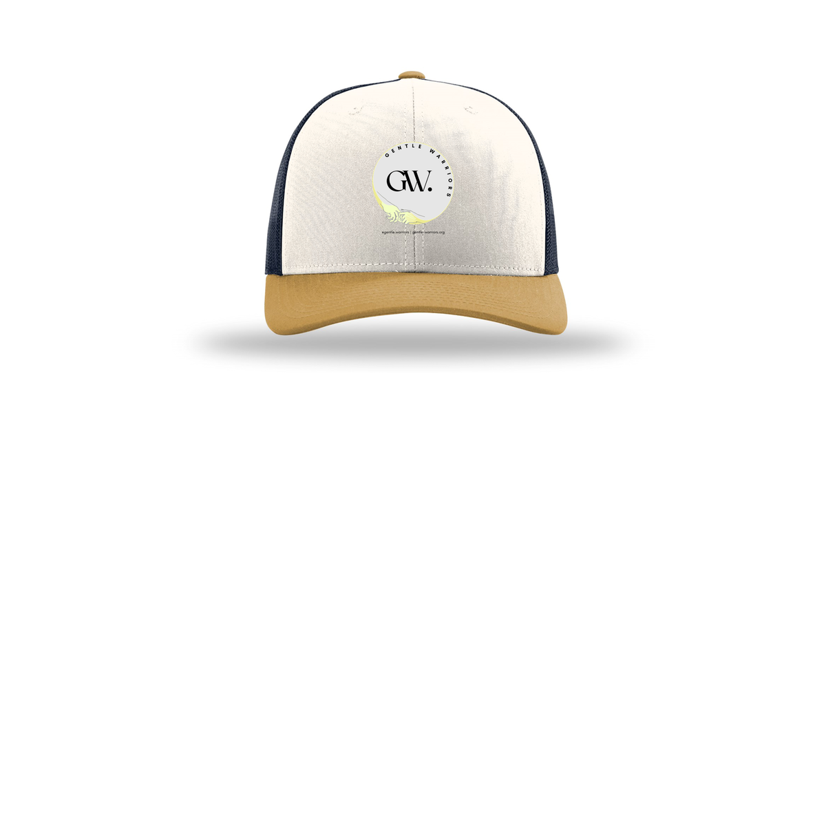 gentle-warriors-richardson-trucker-cap-embroidery-capfront-R112-creamnavyambergold-flat-front