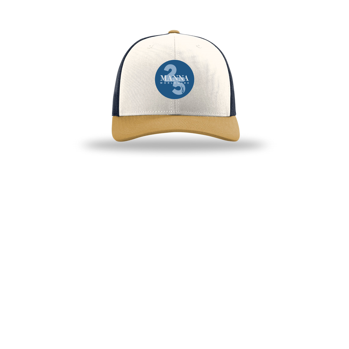 mannaworldwide-richardson-trucker-cap-embroidery-capfront-R112-creamnavyambergold-flat-front