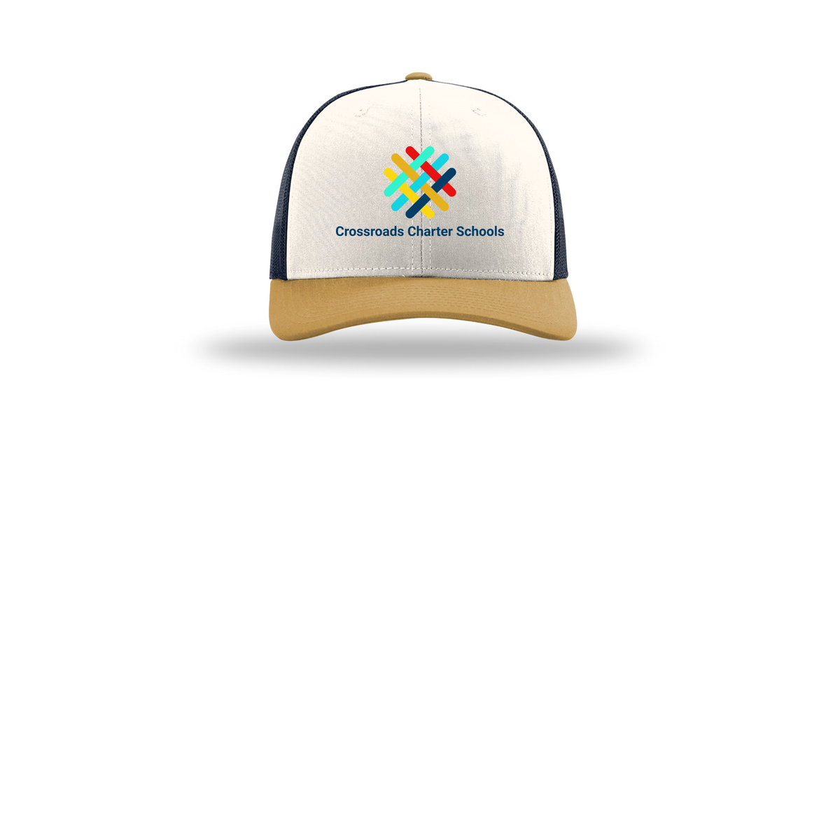 crossroadsschoolskc-richardson-trucker-cap-embroidery-capfront-R112-creamnavyambergold-flat-front