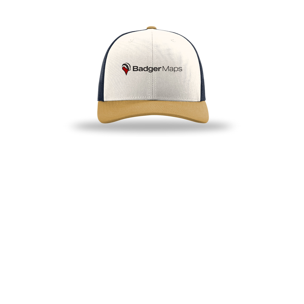 badgermapping-richardson-trucker-cap-embroidery-capfront-R112-creamnavyambergold-flat-front