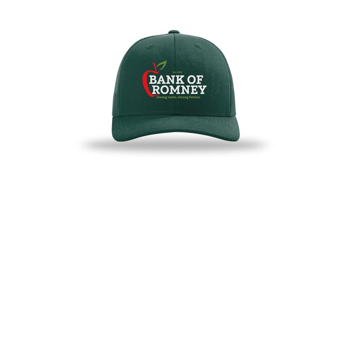 bankofromney-richardson-trucker-cap-embroidery-capfront-R112-darkgreen-flat-front
