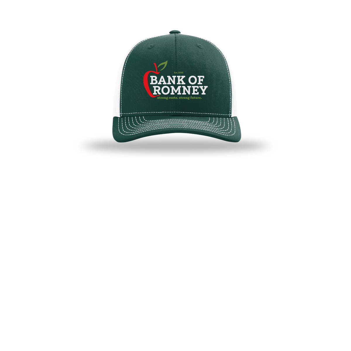bankofromney-richardson-trucker-cap-embroidery-capfront-R112-darkgreenwhite-flat-front