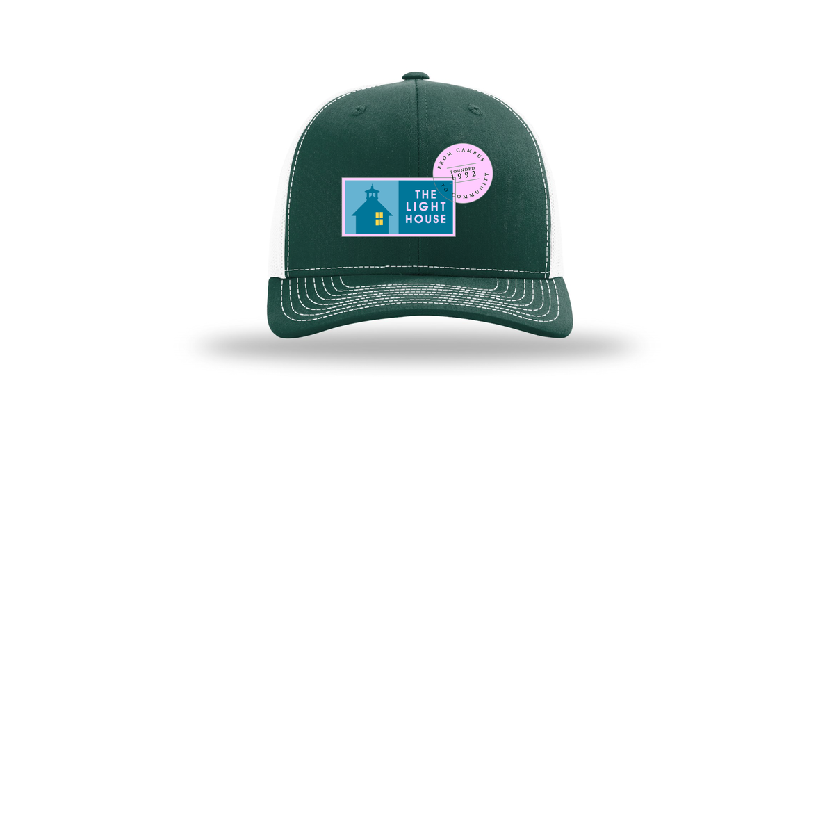 lhcampus-richardson-trucker-cap-embroidery-capfront-R112-darkgreenwhite-flat-front