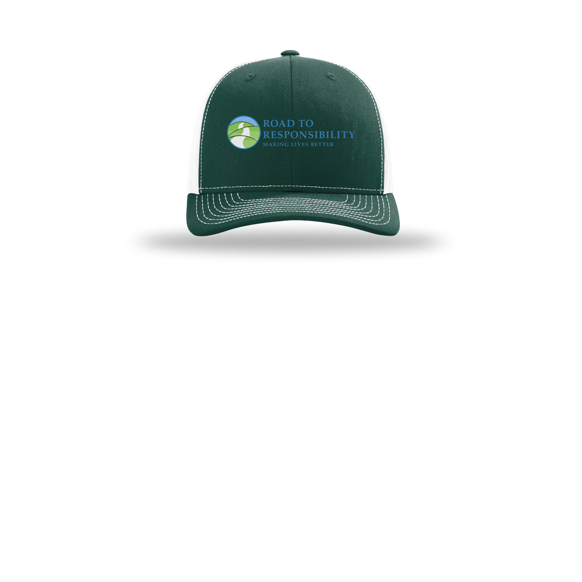 roadtoresponsibility-richardson-trucker-cap-embroidery-capfront-R112-darkgreenwhite-flat-front