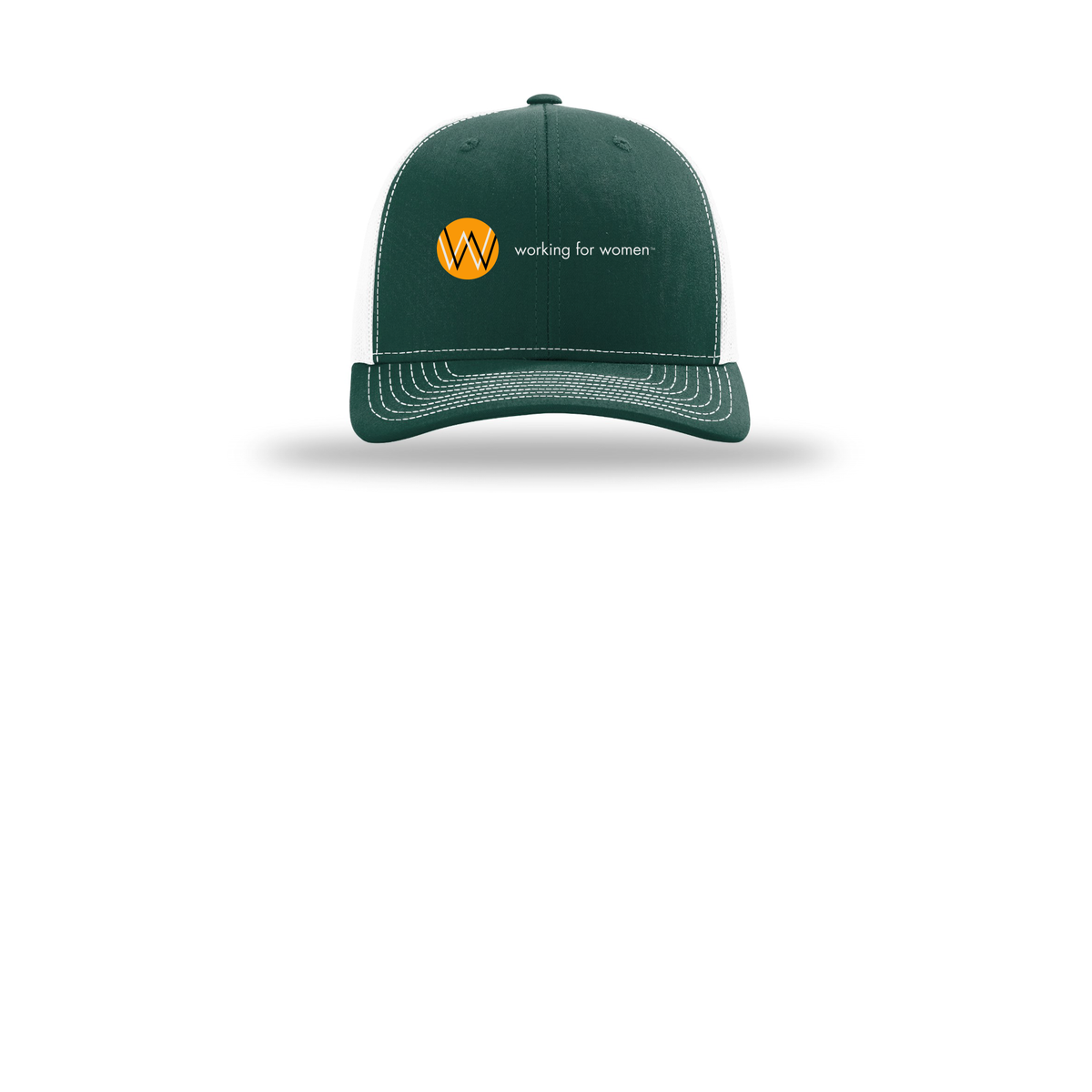 workingforwomen-richardson-trucker-cap-embroidery-capfront-R112-darkgreenwhite-flat-front
