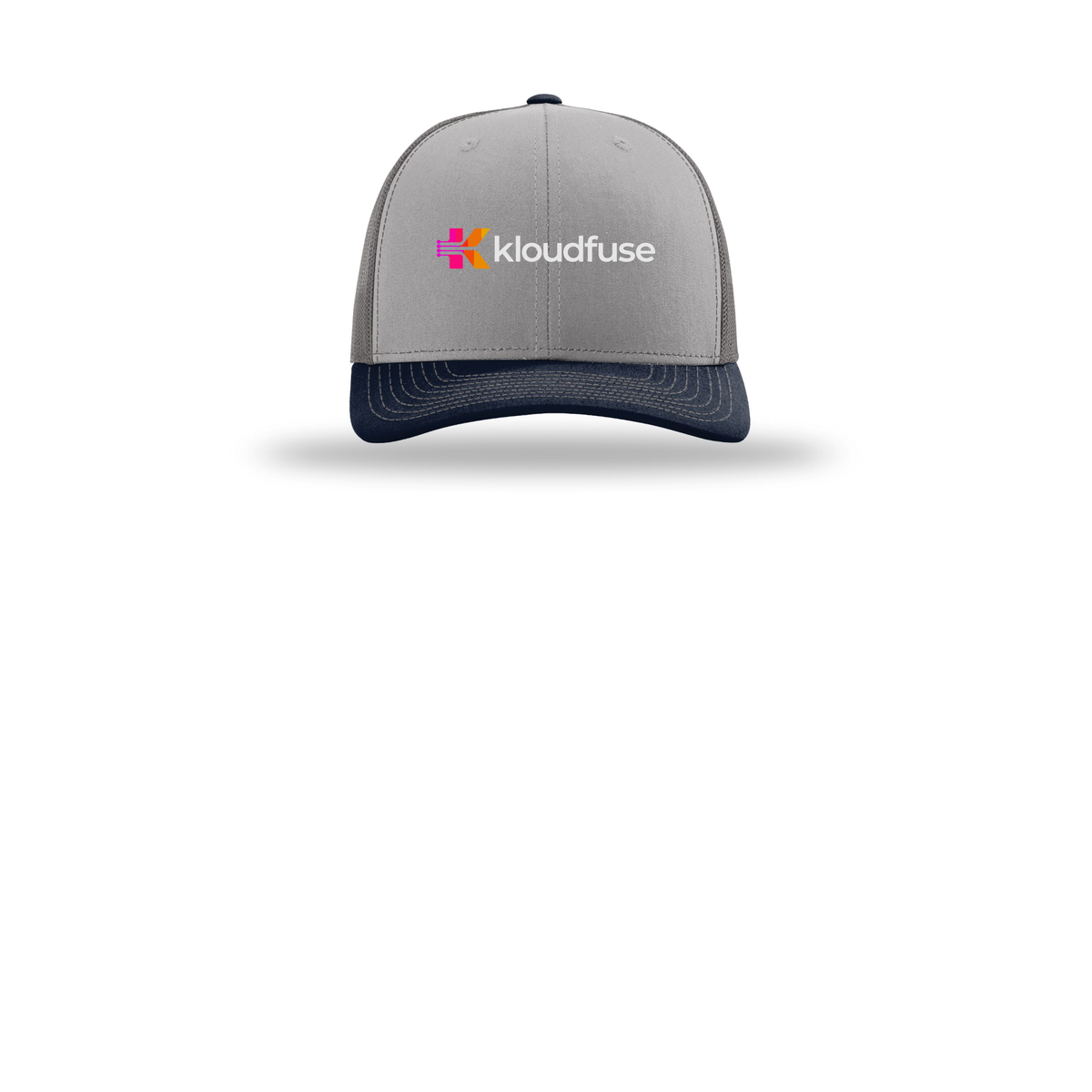 kloudfuse-richardson-trucker-cap-embroidery-capfront-R112-greycharcoalnavy-flat-front