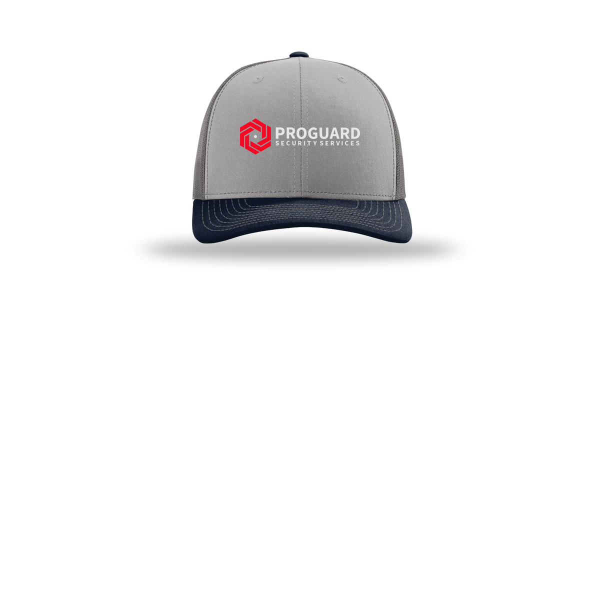 proguardsecurityservices-richardson-trucker-cap-embroidery-capfront-R112-greycharcoalnavy-flat-front