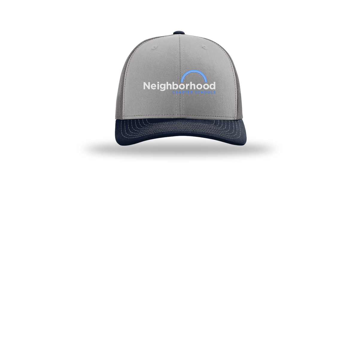 ncschools-richardson-trucker-cap-embroidery-capfront-R112-greycharcoalnavy-flat-front
