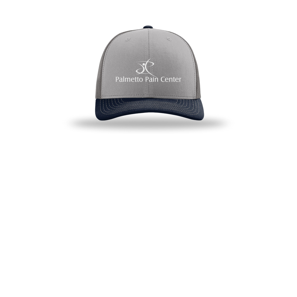 palmetto-pain-center-richardson-trucker-cap-embroidery-capfront-R112-greycharcoalnavy-flat-front
