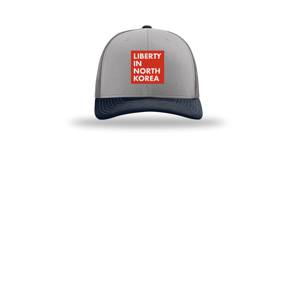 libertyinnorthkorea-richardson-trucker-cap-embroidery-capfront-R112-greycharcoalnavy-flat-front