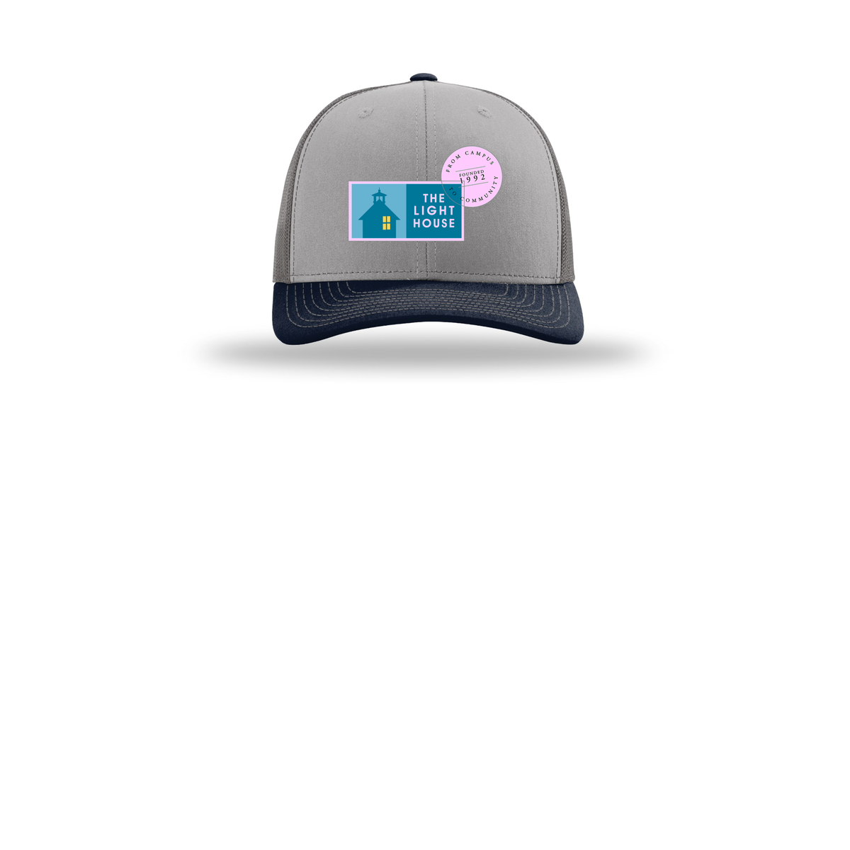 lhcampus-richardson-trucker-cap-embroidery-capfront-R112-greycharcoalnavy-flat-front