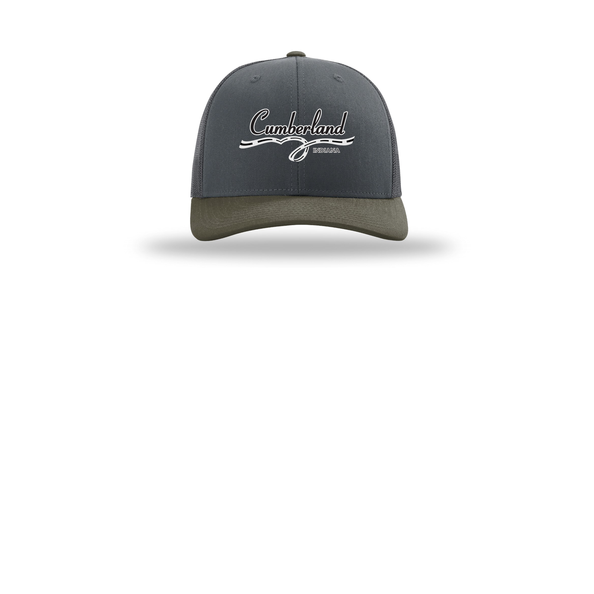 cumberland-richardson-trucker-cap-embroidery-capfront-R112-gunmetalgunmetalchocolatechip-flat-front