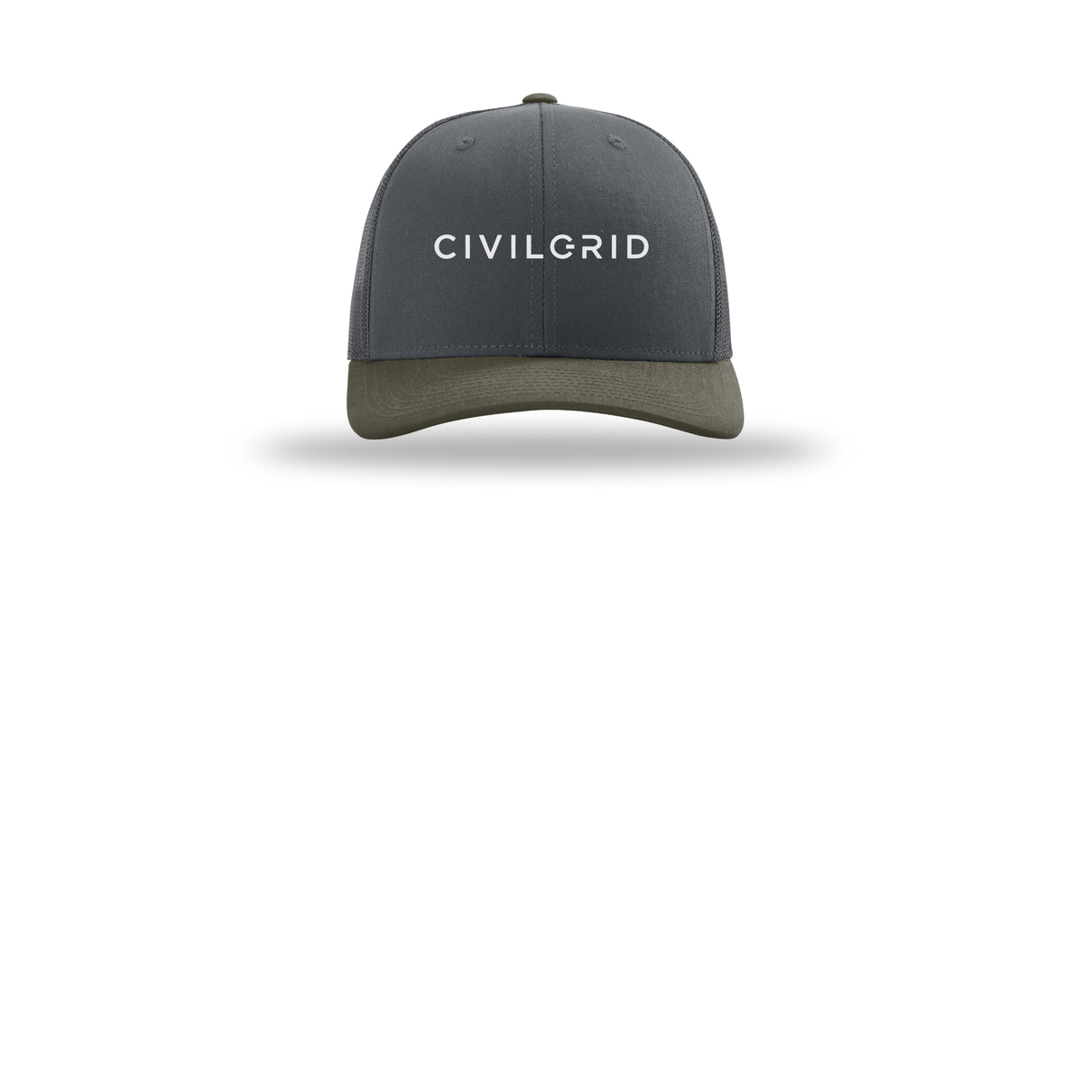 civilgrid-richardson-trucker-cap-embroidery-capfront-R112-gunmetalgunmetalchocolatechip-flat-front