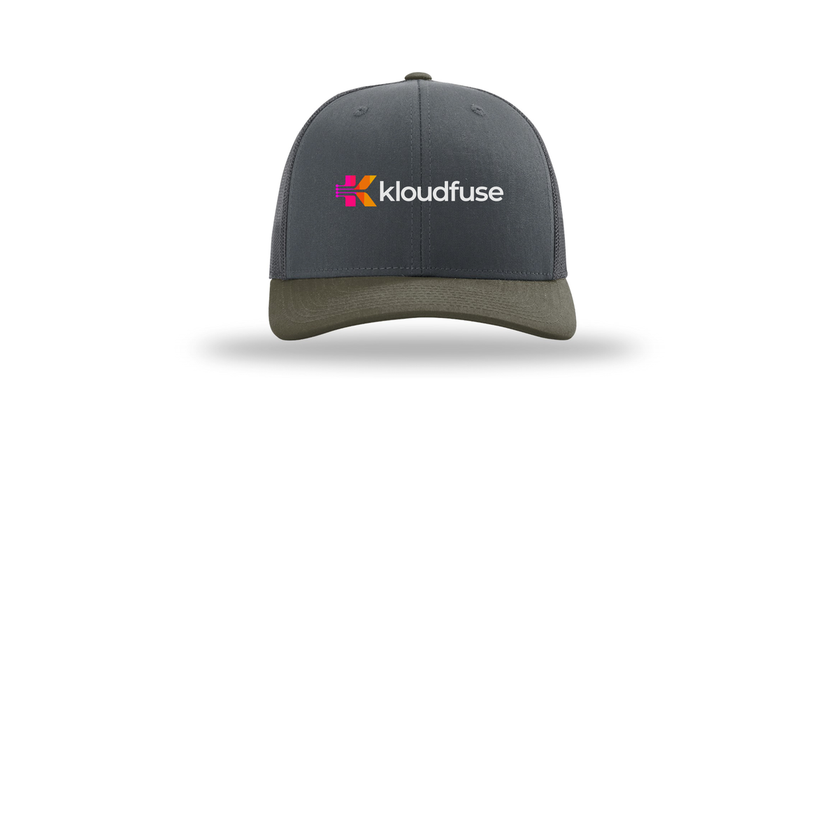 kloudfuse-richardson-trucker-cap-embroidery-capfront-R112-gunmetalgunmetalchocolatechip-flat-front