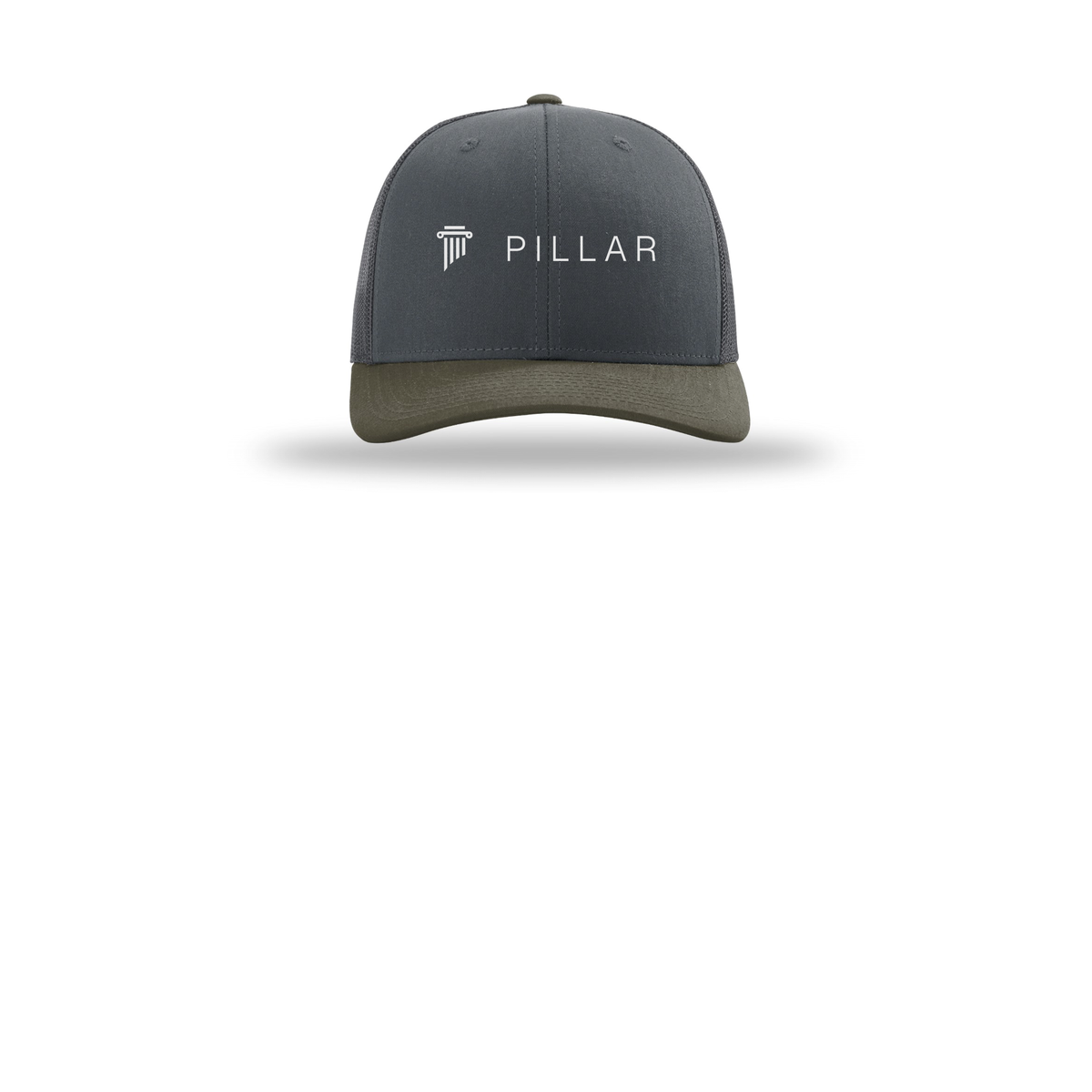 pillar-richardson-trucker-cap-embroidery-capfront-R112-gunmetalgunmetalchocolatechip-flat-front