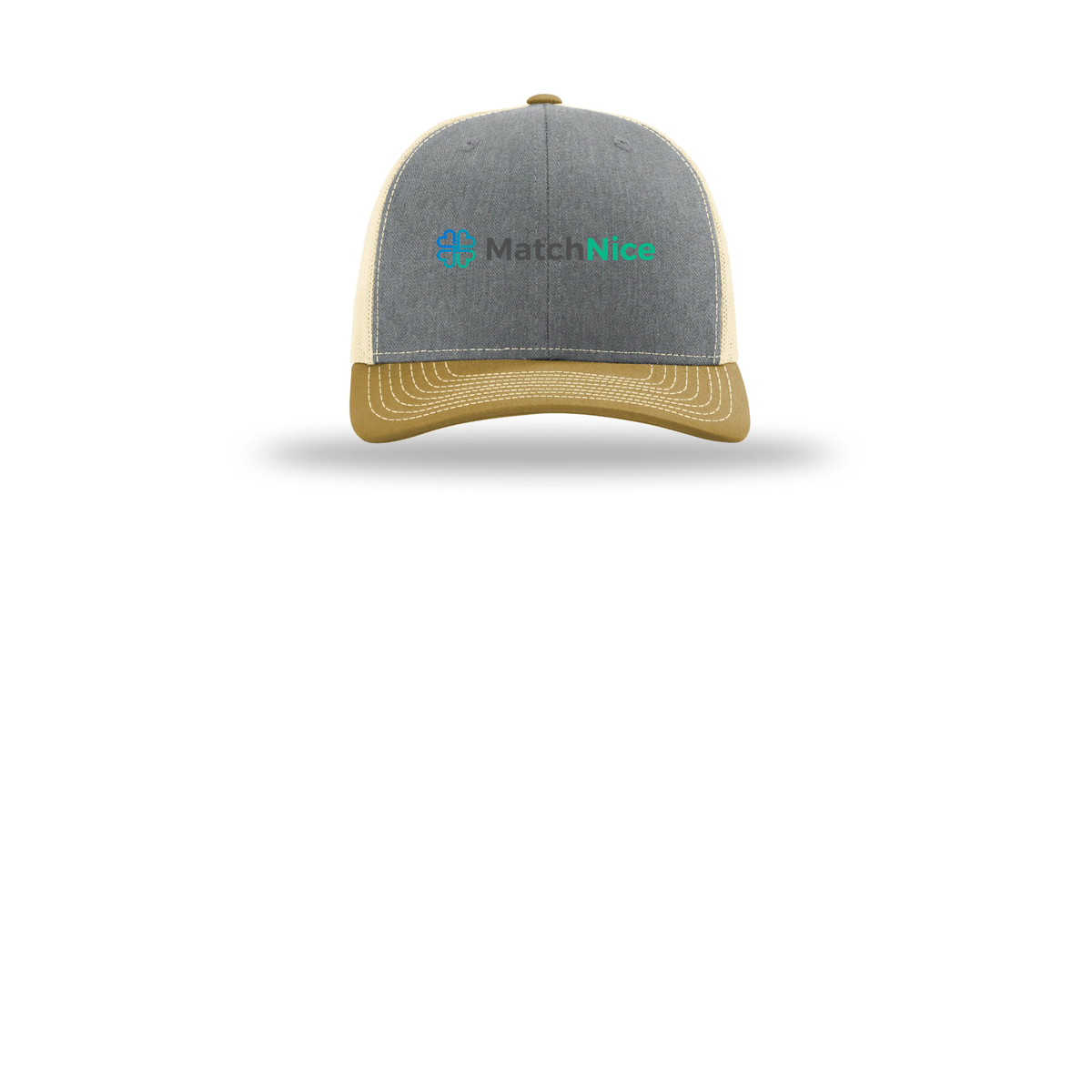 matchnice-richardson-trucker-cap-embroidery-capfront-R112-heathergreybirchambergold-flat-front