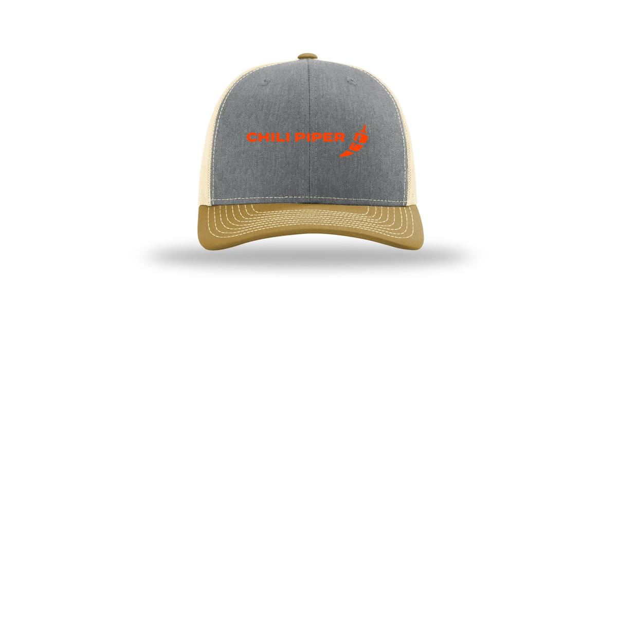 chilipiper-richardson-trucker-cap-embroidery-capfront-R112-heathergreybirchambergold-flat-front