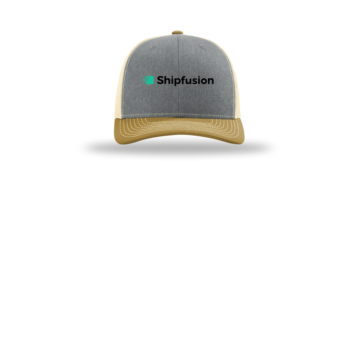 shipfusion-richardson-trucker-cap-embroidery-capfront-R112-heathergreybirchambergold-flat-front