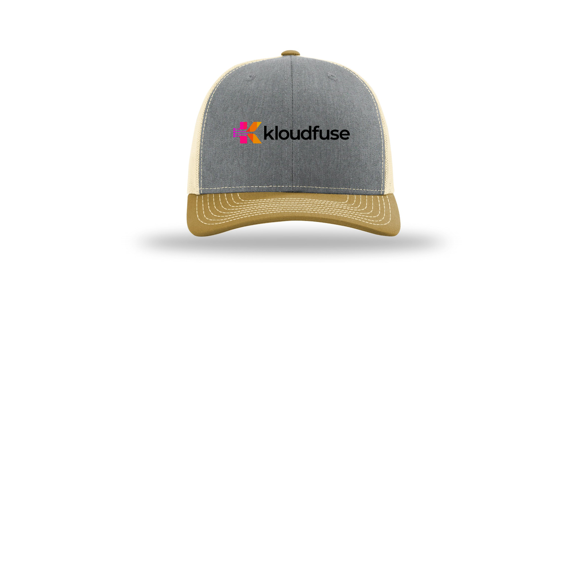 kloudfuse-richardson-trucker-cap-embroidery-capfront-R112-heathergreybirchambergold-flat-front
