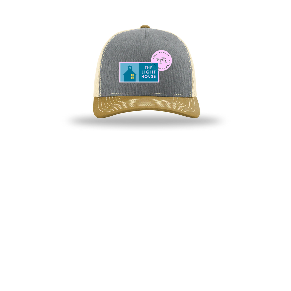 lhcampus-richardson-trucker-cap-embroidery-capfront-R112-heathergreybirchambergold-flat-front