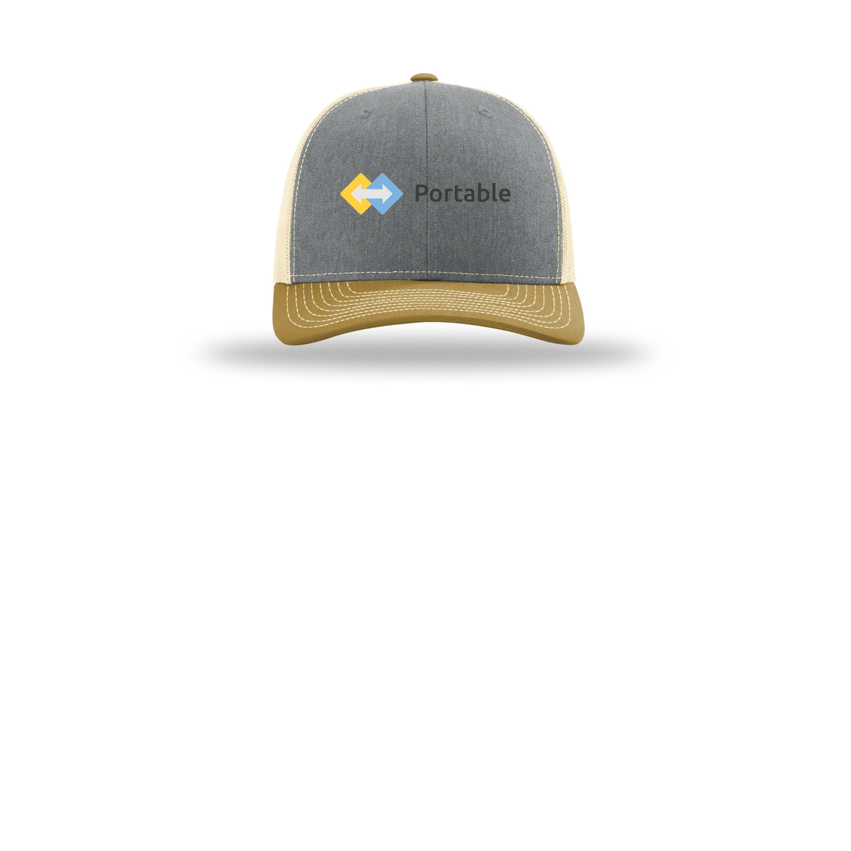 portable-richardson-trucker-cap-embroidery-capfront-R112-heathergreybirchambergold-flat-front