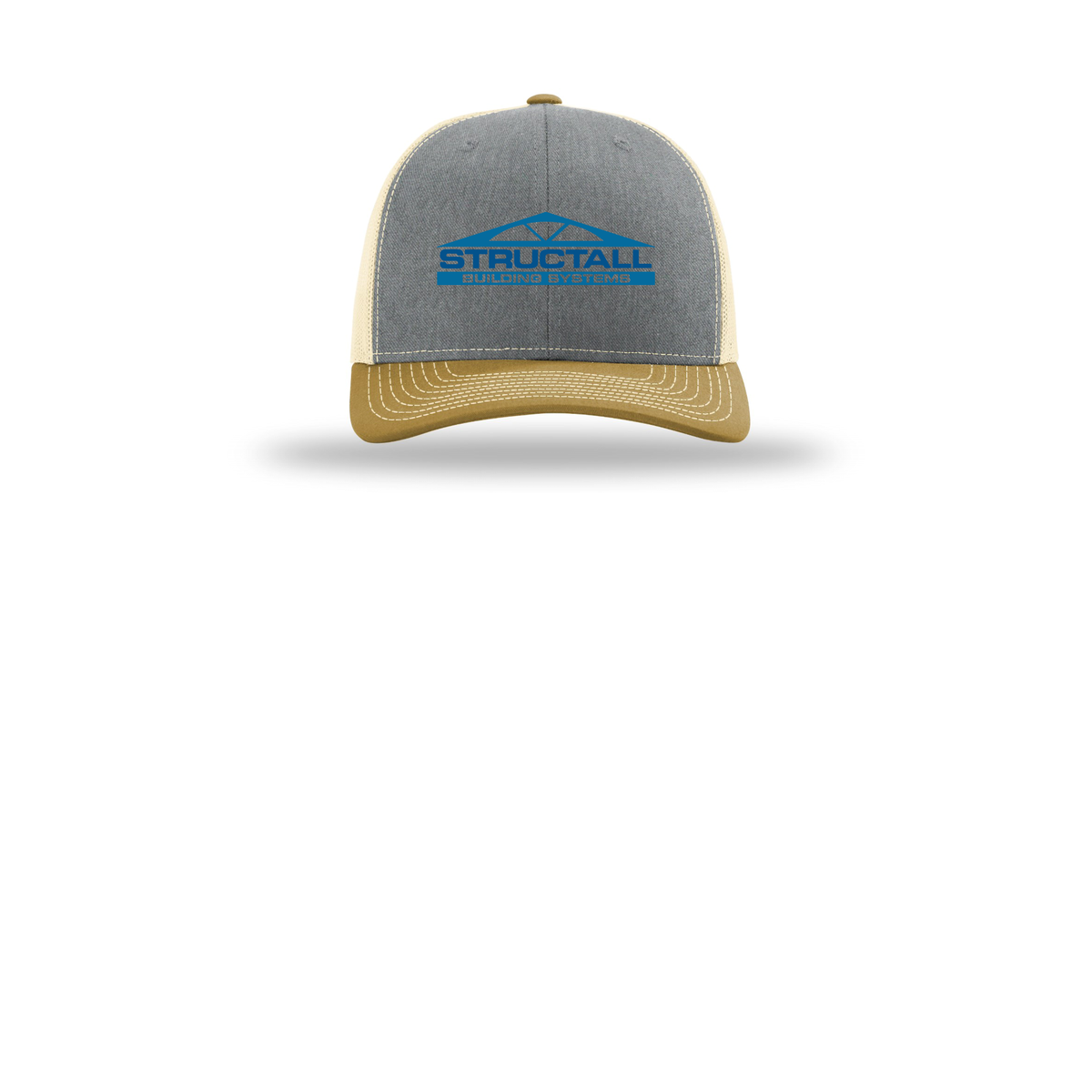 structall-richardson-trucker-cap-embroidery-capfront-R112-heathergreybirchambergold-flat-front