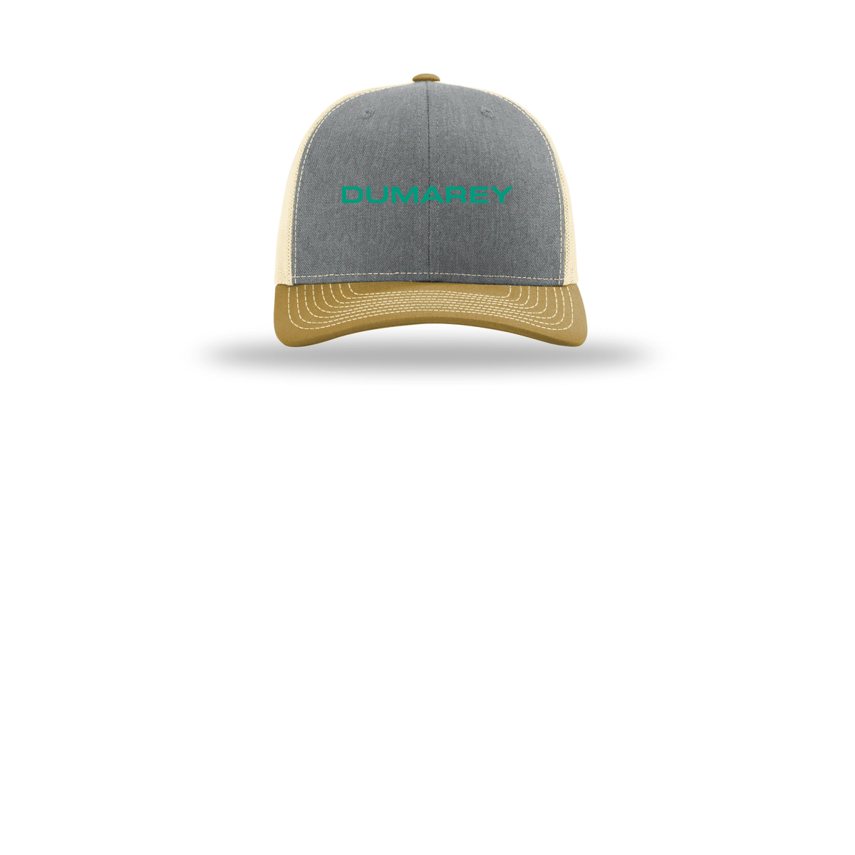 dumarey-richardson-trucker-cap-embroidery-capfront-R112-heathergreybirchambergold-flat-front