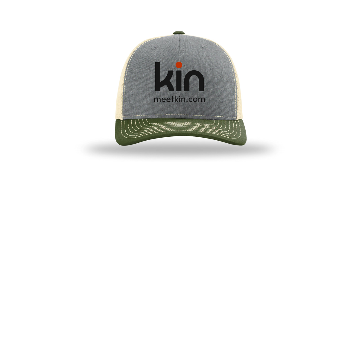kin-richardson-trucker-cap-embroidery-capfront-R112-heathergreybircharmyolive-flat-front