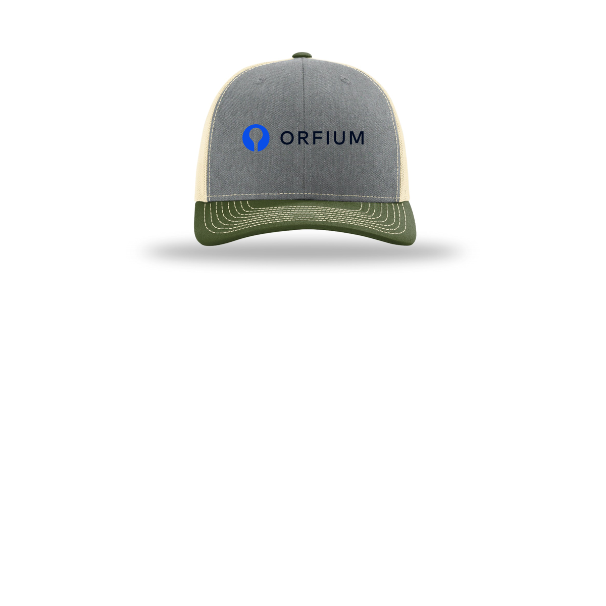 orfium-richardson-trucker-cap-embroidery-capfront-R112-heathergreybircharmyolive-flat-front