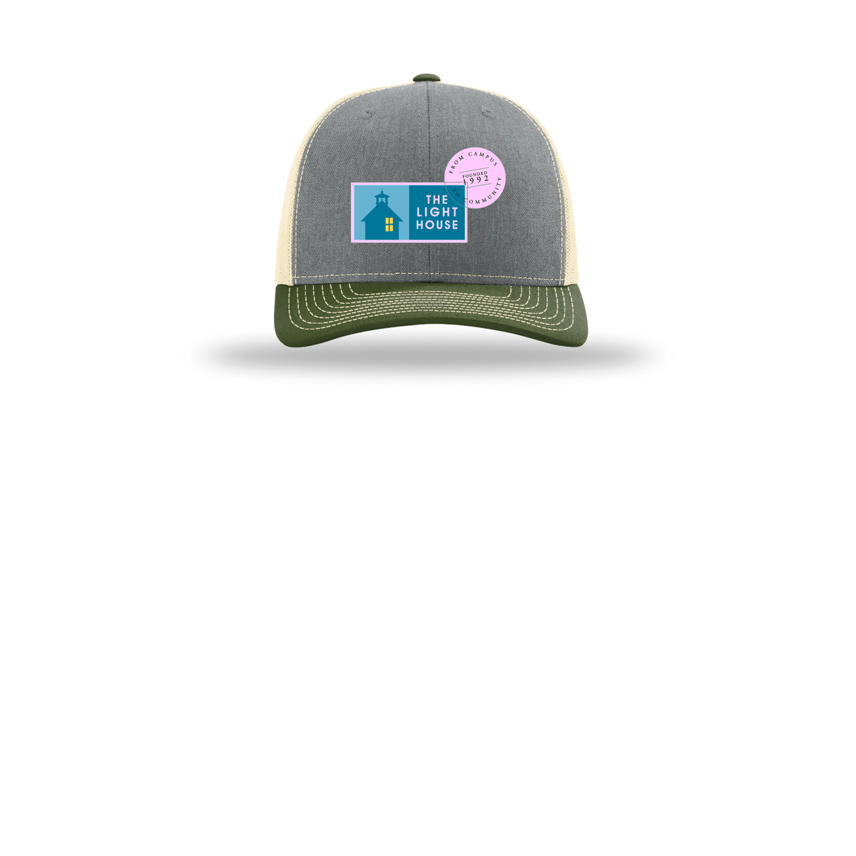lhcampus-richardson-trucker-cap-embroidery-capfront-R112-heathergreybircharmyolive-flat-front