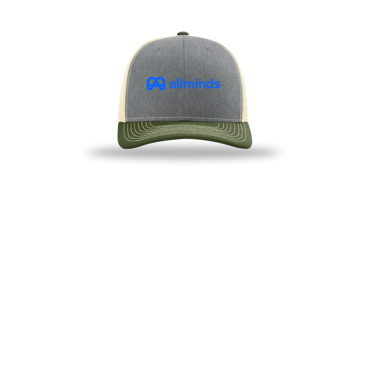 getallminds-richardson-trucker-cap-embroidery-capfront-R112-heathergreybircharmyolive-flat-front