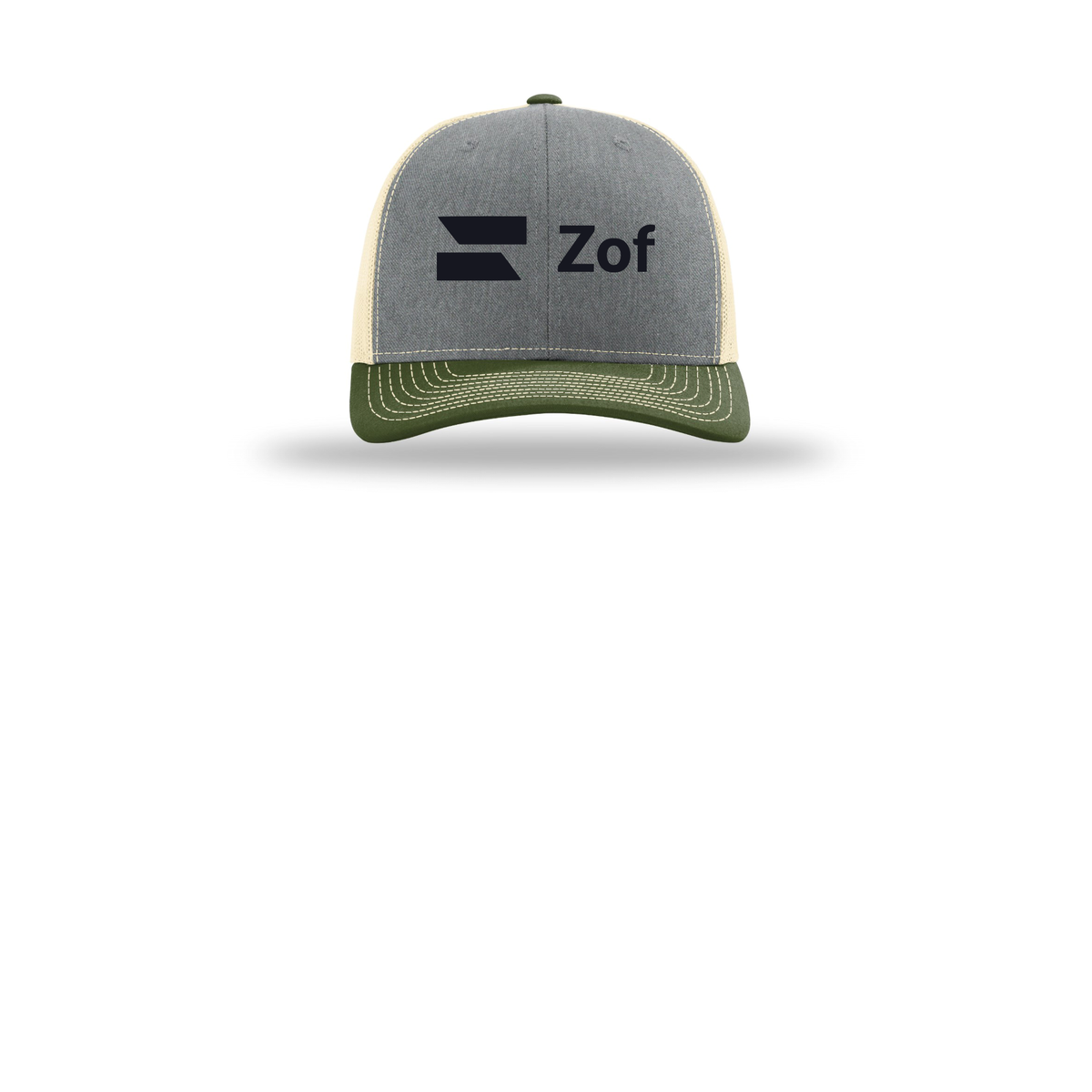 zof-richardson-trucker-cap-embroidery-capfront-R112-heathergreybircharmyolive-flat-front