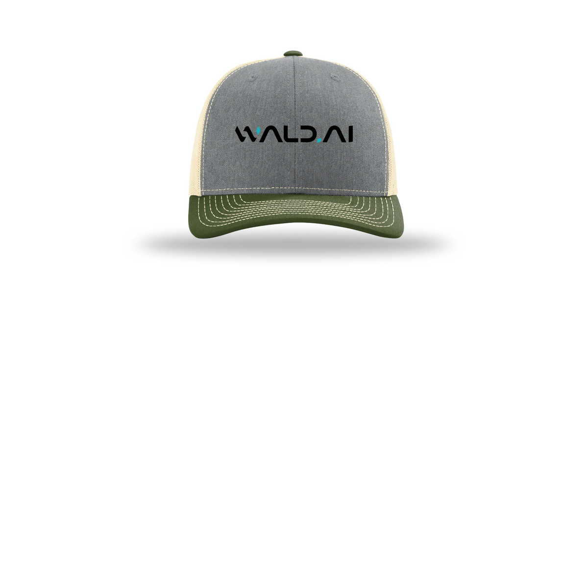 wald-richardson-trucker-cap-embroidery-capfront-R112-heathergreybircharmyolive-flat-front