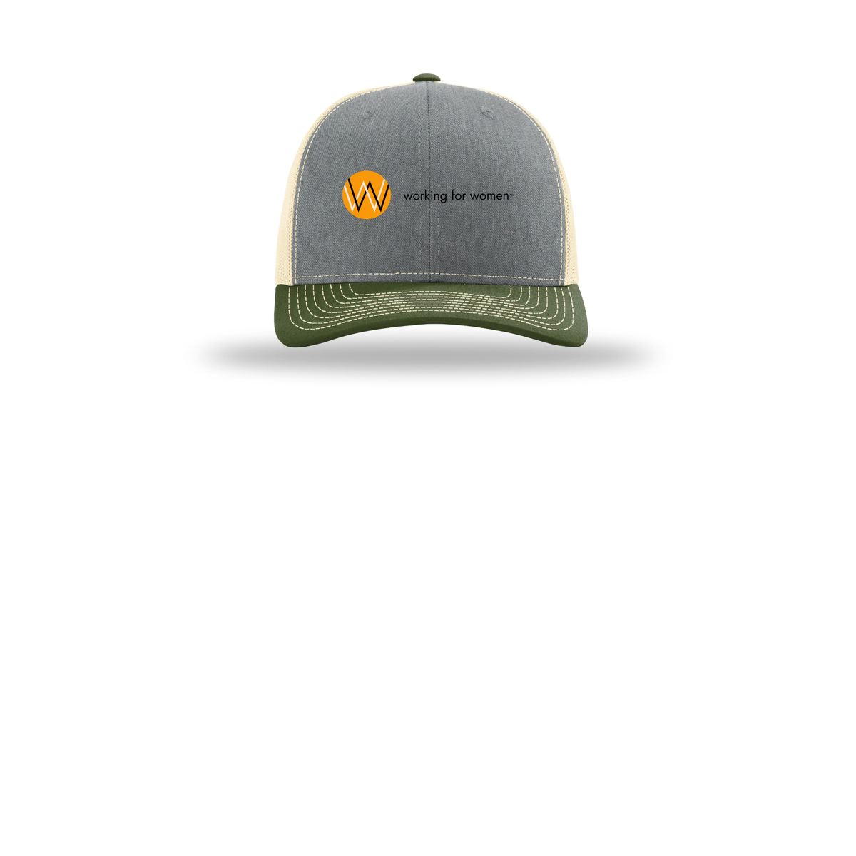 workingforwomen-richardson-trucker-cap-embroidery-capfront-R112-heathergreybircharmyolive-flat-front