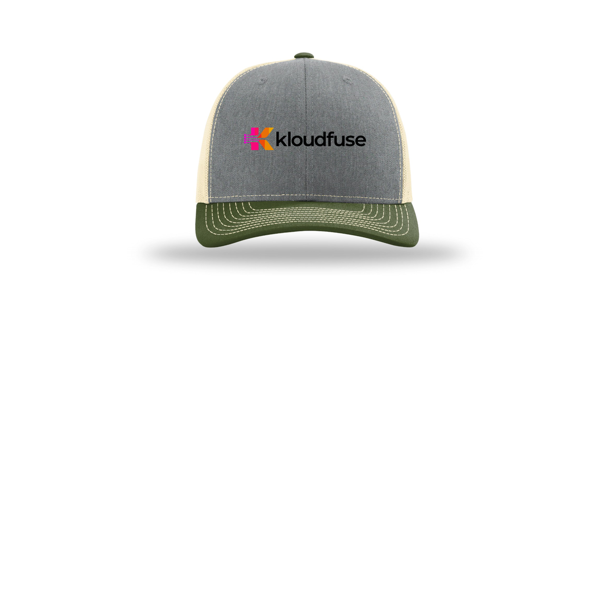 kloudfuse-richardson-trucker-cap-embroidery-capfront-R112-heathergreybircharmyolive-flat-front