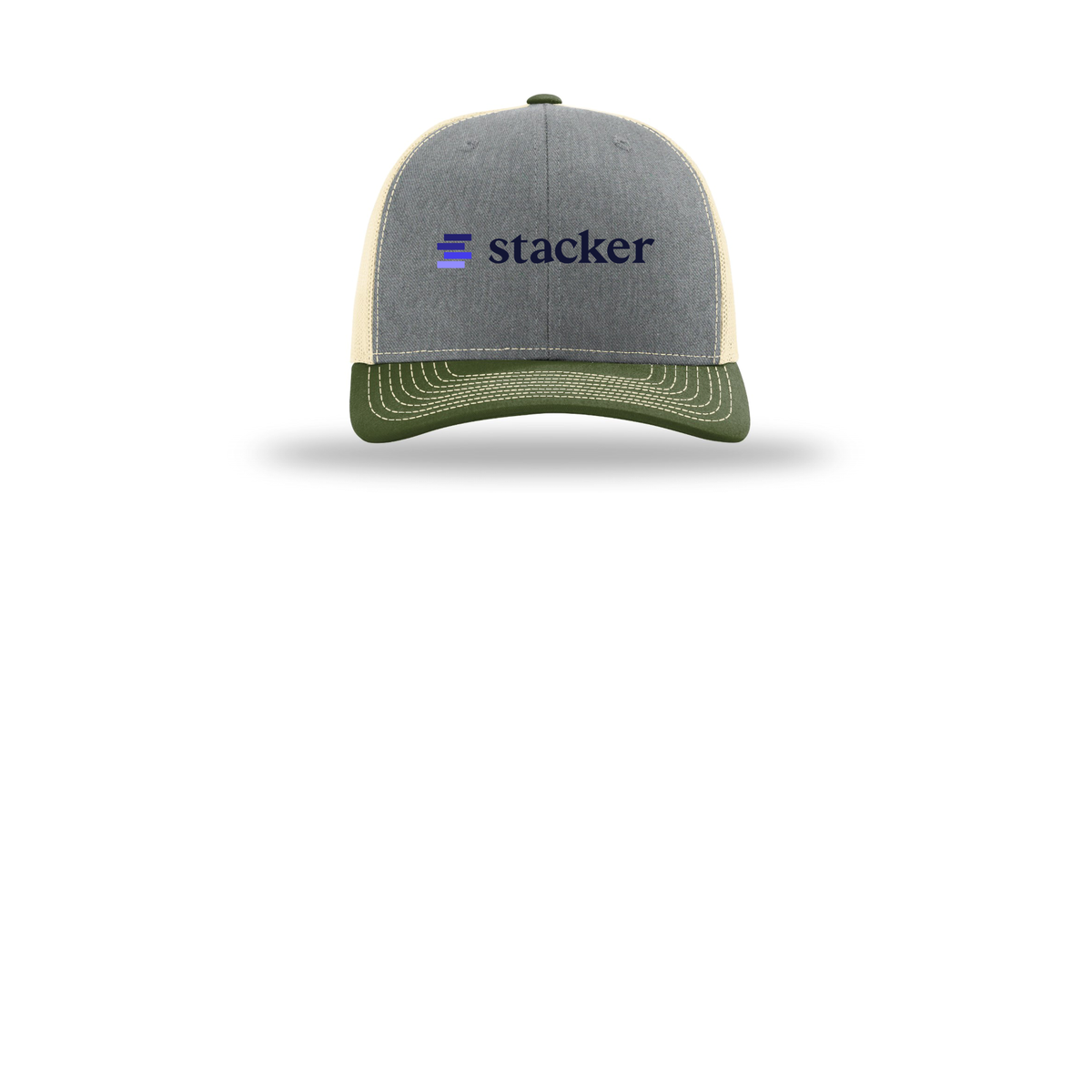 stacker-richardson-trucker-cap-embroidery-capfront-R112-heathergreybircharmyolive-flat-front