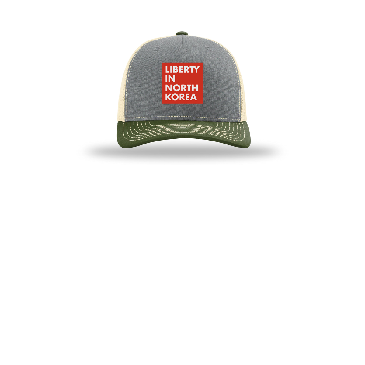 libertyinnorthkorea-richardson-trucker-cap-embroidery-capfront-R112-heathergreybircharmyolive-flat-front