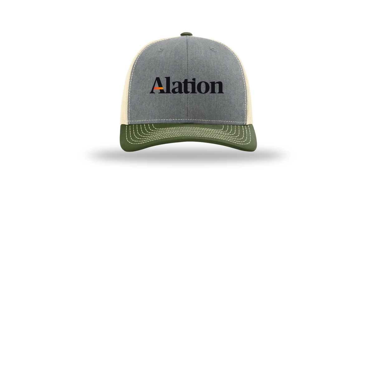 alation-richardson-trucker-cap-embroidery-capfront-R112-heathergreybircharmyolive-flat-front