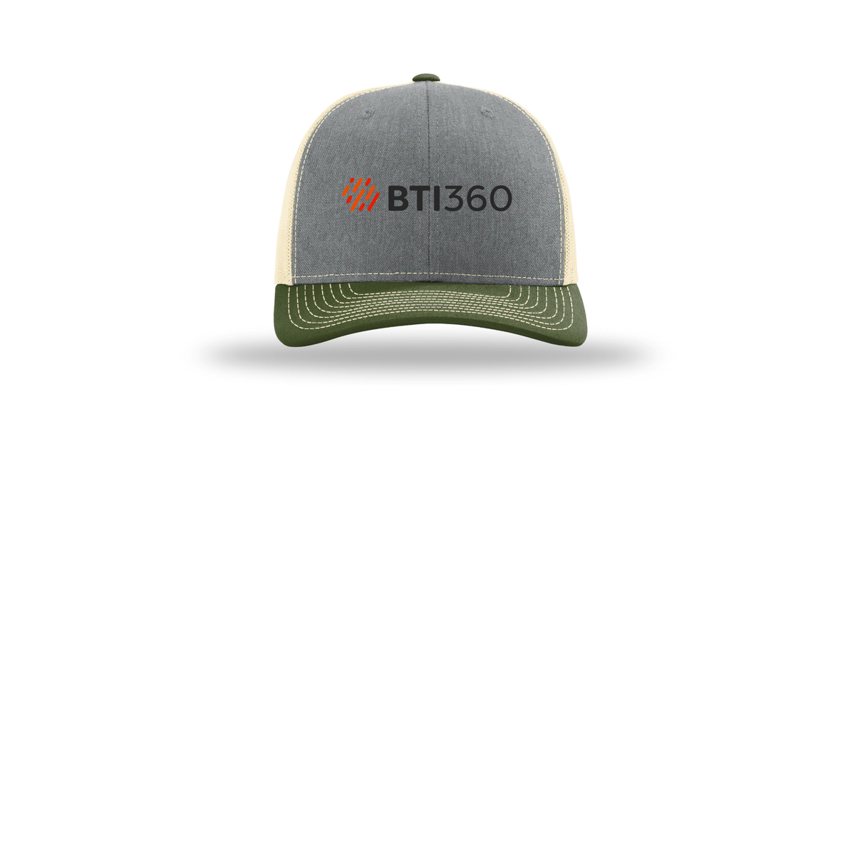 bti360-richardson-trucker-cap-embroidery-capfront-R112-heathergreybircharmyolive-flat-front