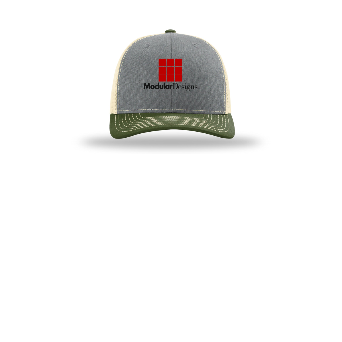 modulardesignsflooring-richardson-trucker-cap-embroidery-capfront-R112-heathergreybircharmyolive-flat-front