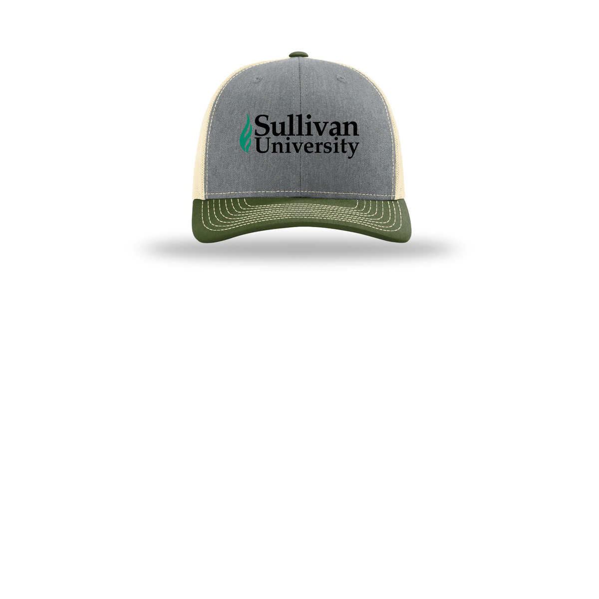 sullivan-richardson-trucker-cap-embroidery-capfront-R112-heathergreybircharmyolive-flat-front