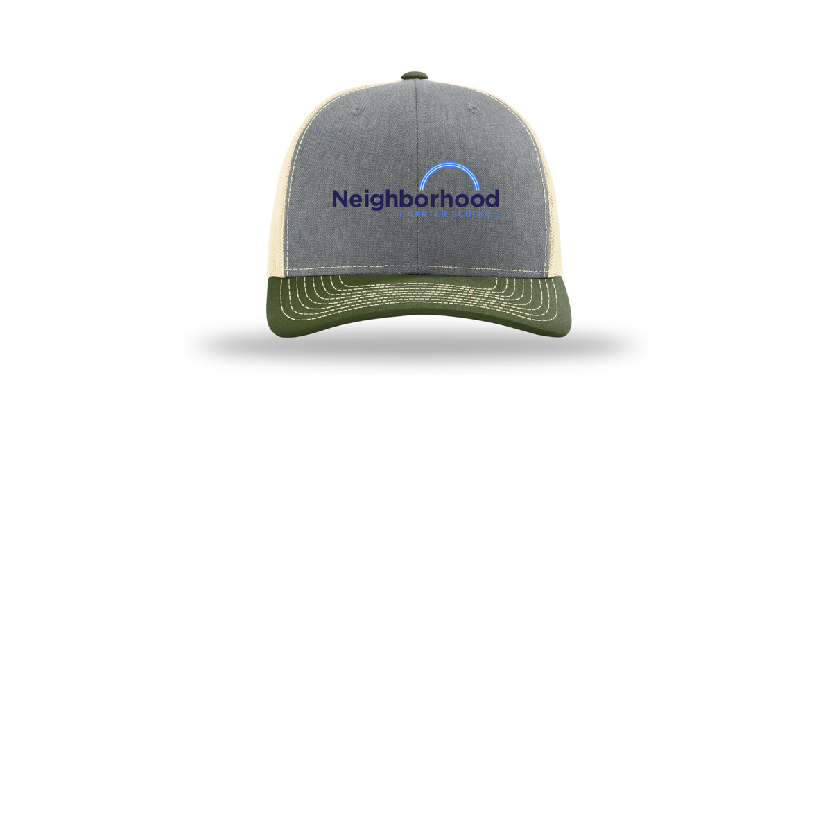 ncschools-richardson-trucker-cap-embroidery-capfront-R112-heathergreybircharmyolive-flat-front